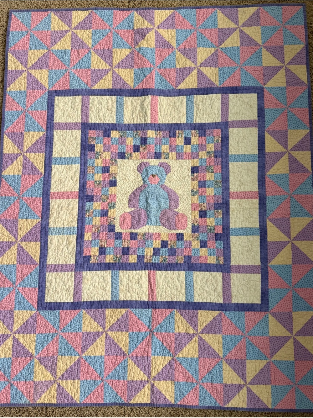 Handmade Baby Quilt Pink, Blue, Purple and White.